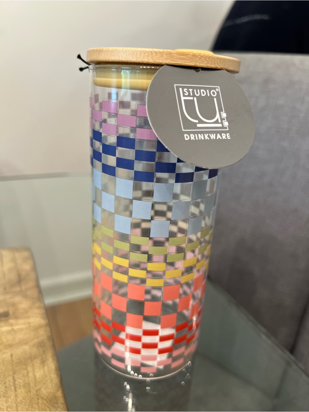 Studio Checkered Multicolor Glass Tumbler with Bamboo Lid